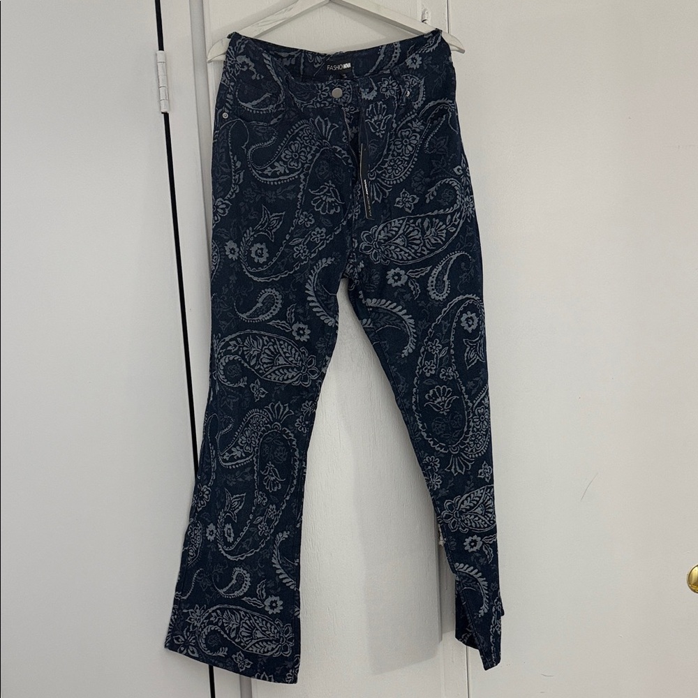 Fashion Nova Paisley Dreams Jacquard Wide Leg Jeans - Dark Wash